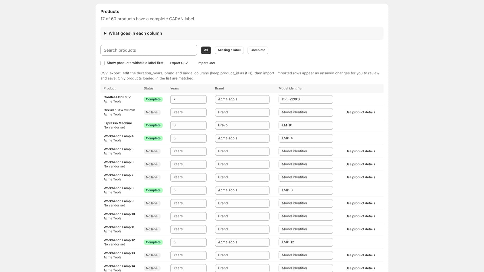 GARAN product list with status badges and years, brand and model fields