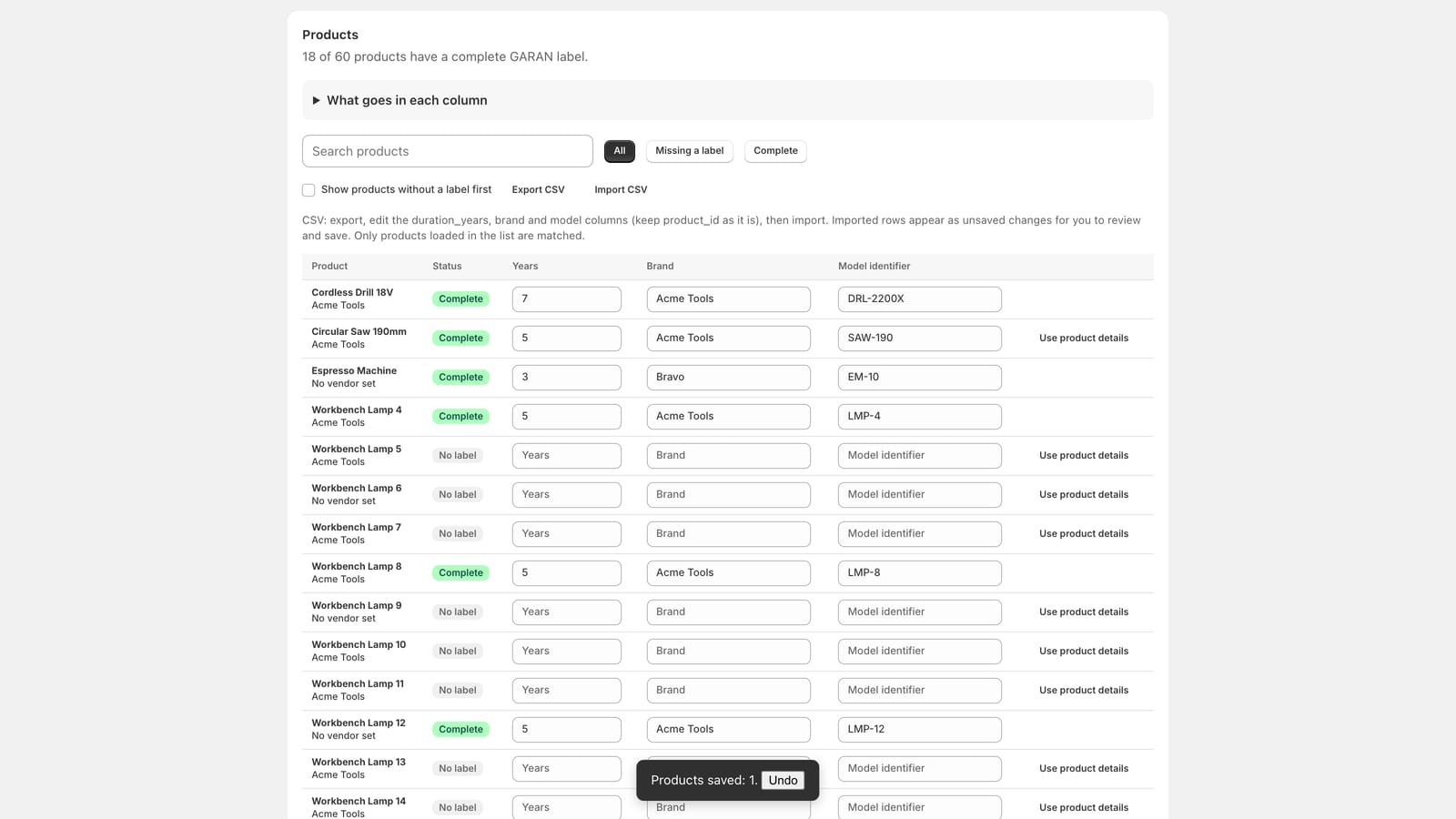 The GARAN product list with a saved row