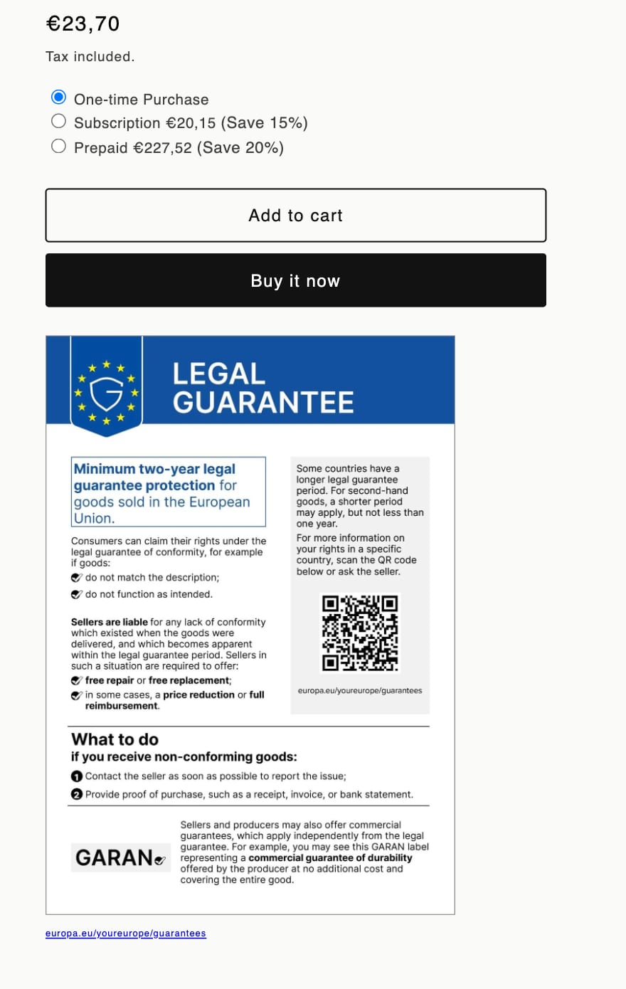 A Shopify product page: price, Add to cart and Buy it now, with the EU legal guarantee notice directly below
