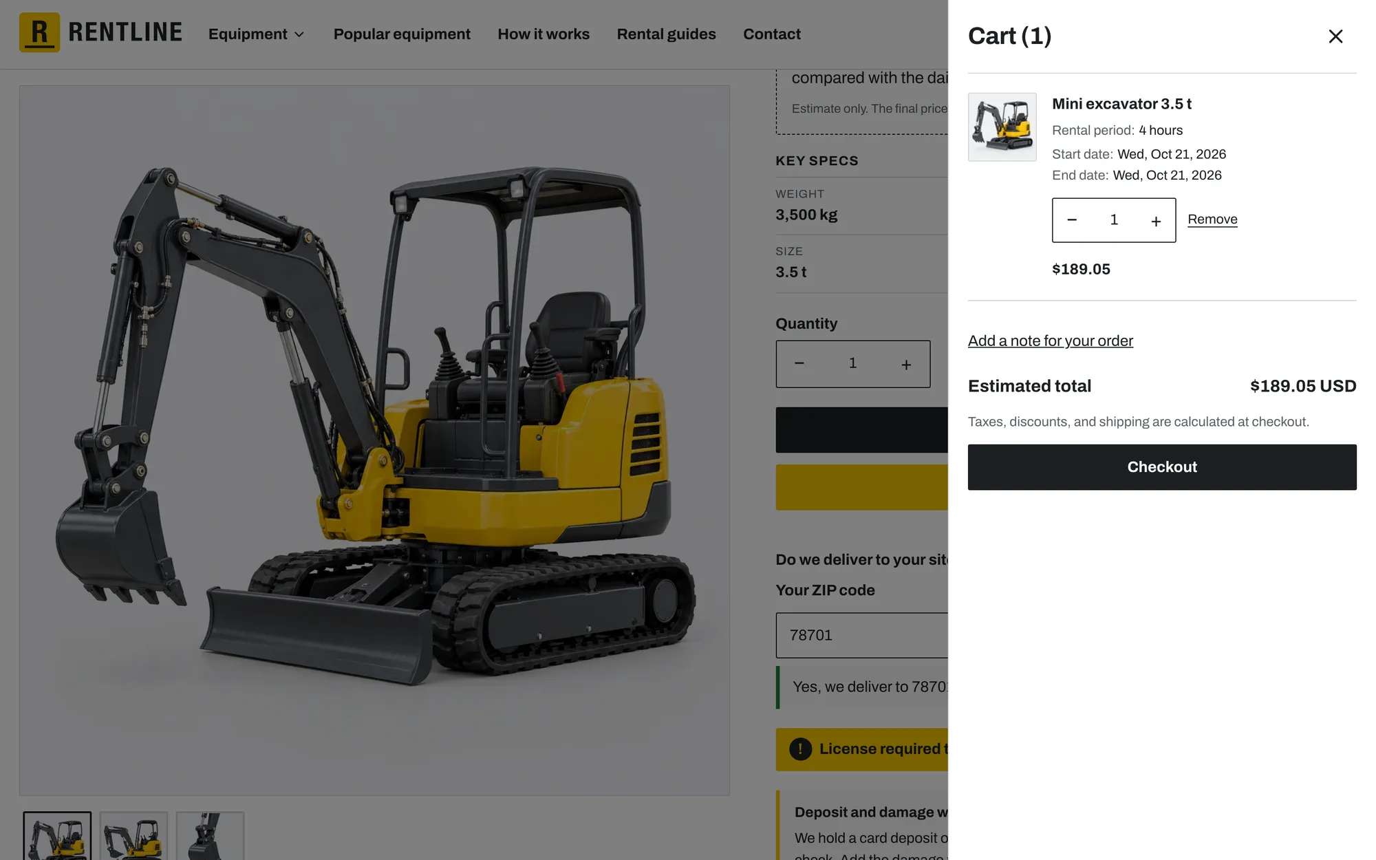 The cart drawer with rental period, start date and end date on the line