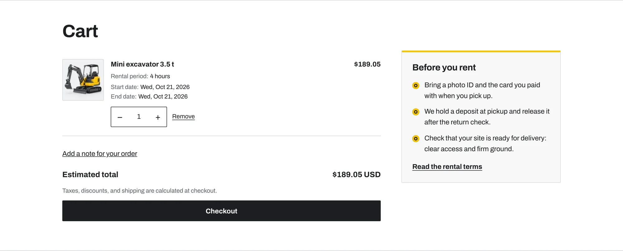 The cart page with the Before you rent panel