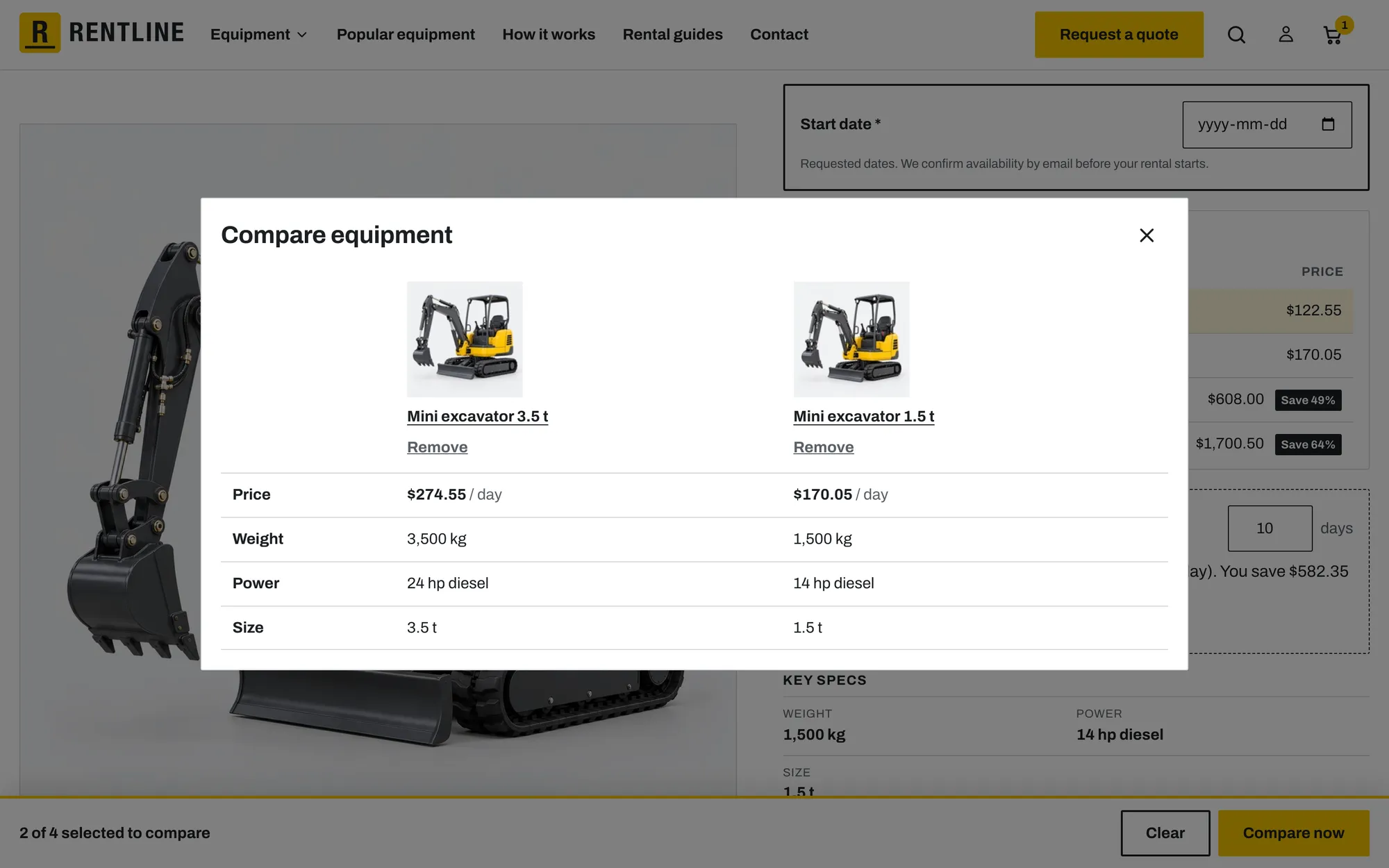 The compare dialog with two machines side by side