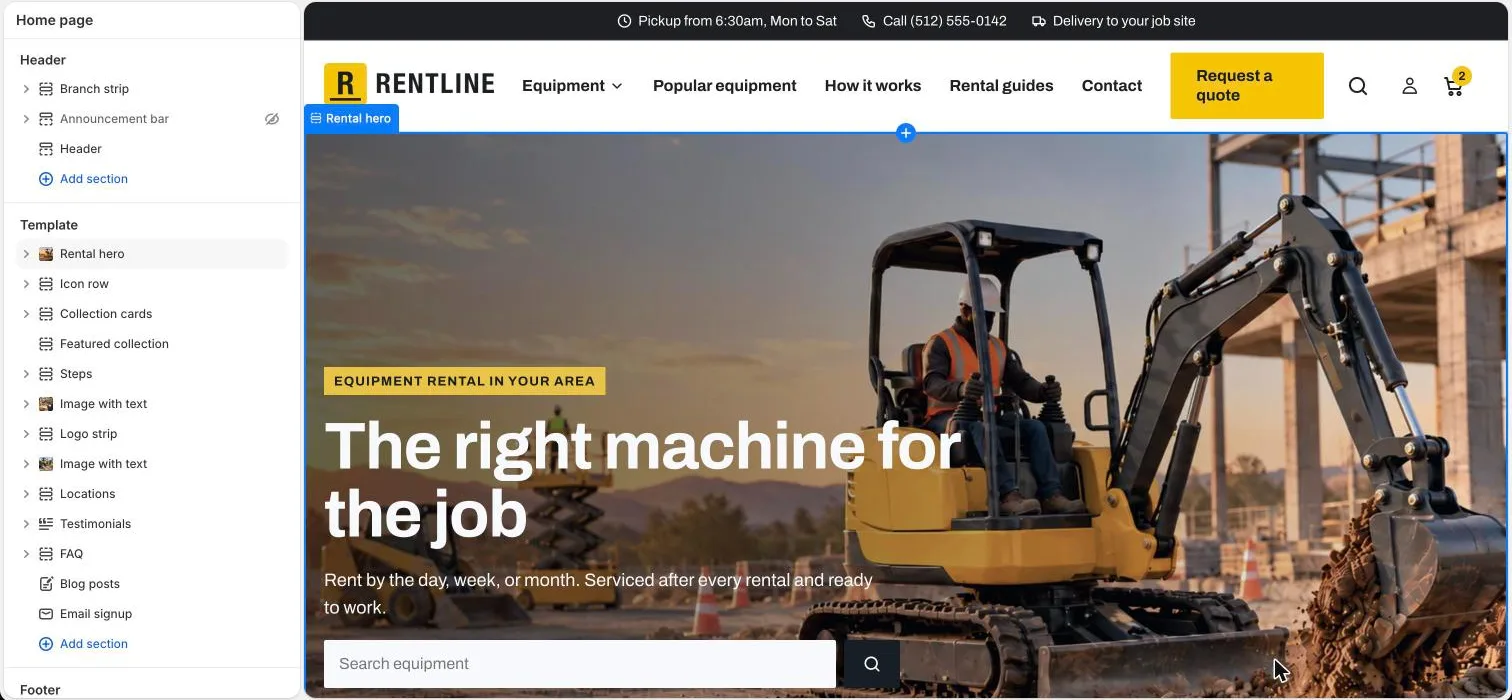 The theme editor with the Rentline home page: sections on the left, preview on the right