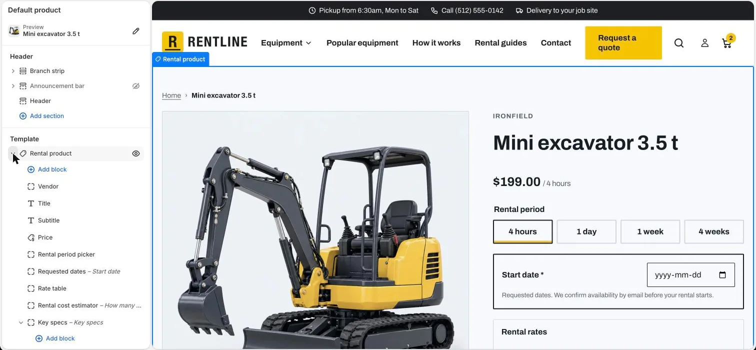 The blocks of the Rental product section in the theme editor