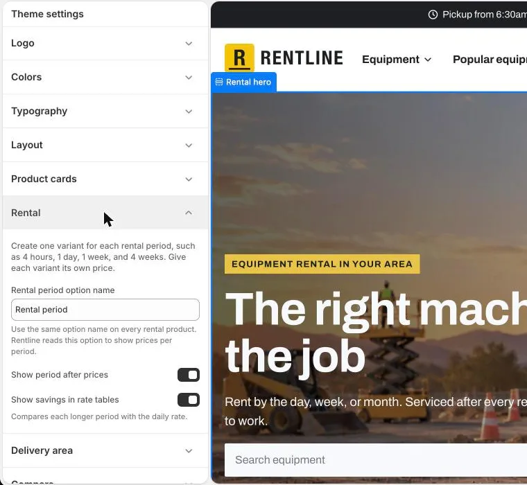 The Rental group in Theme settings