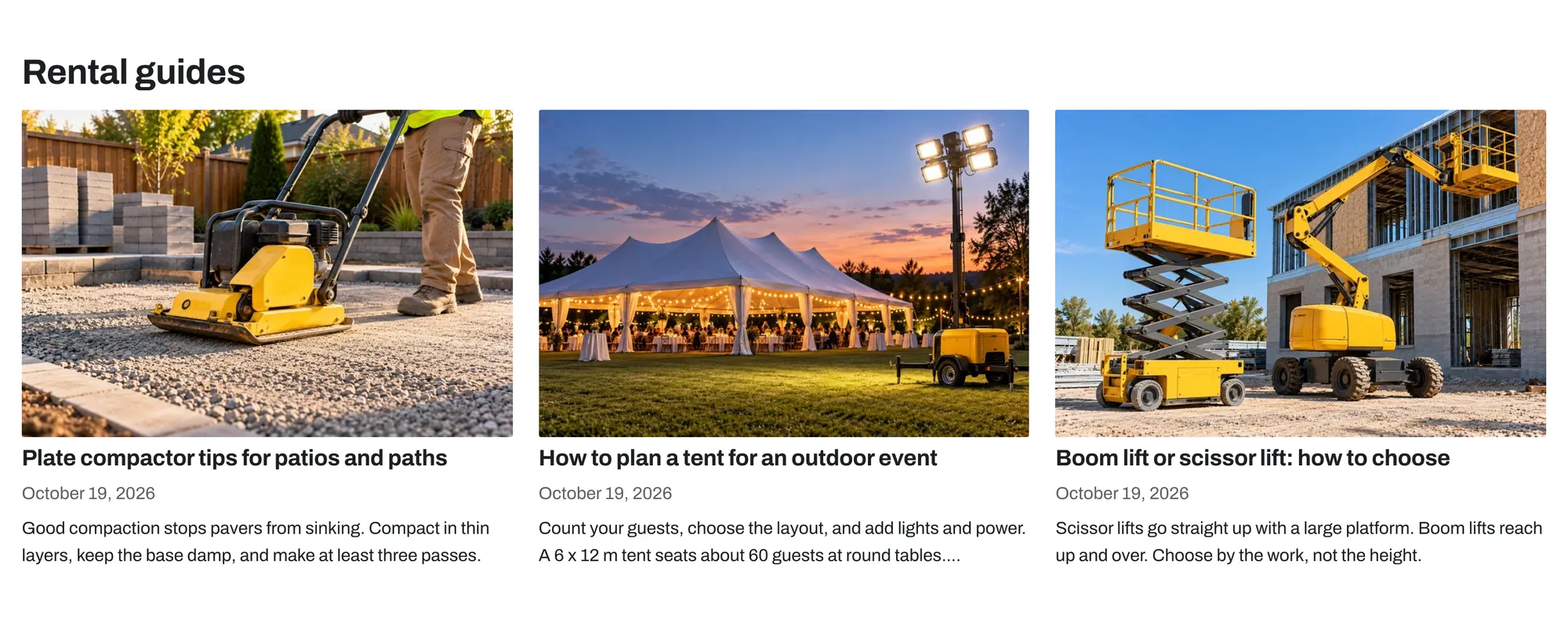 Blog posts section with three rental guides