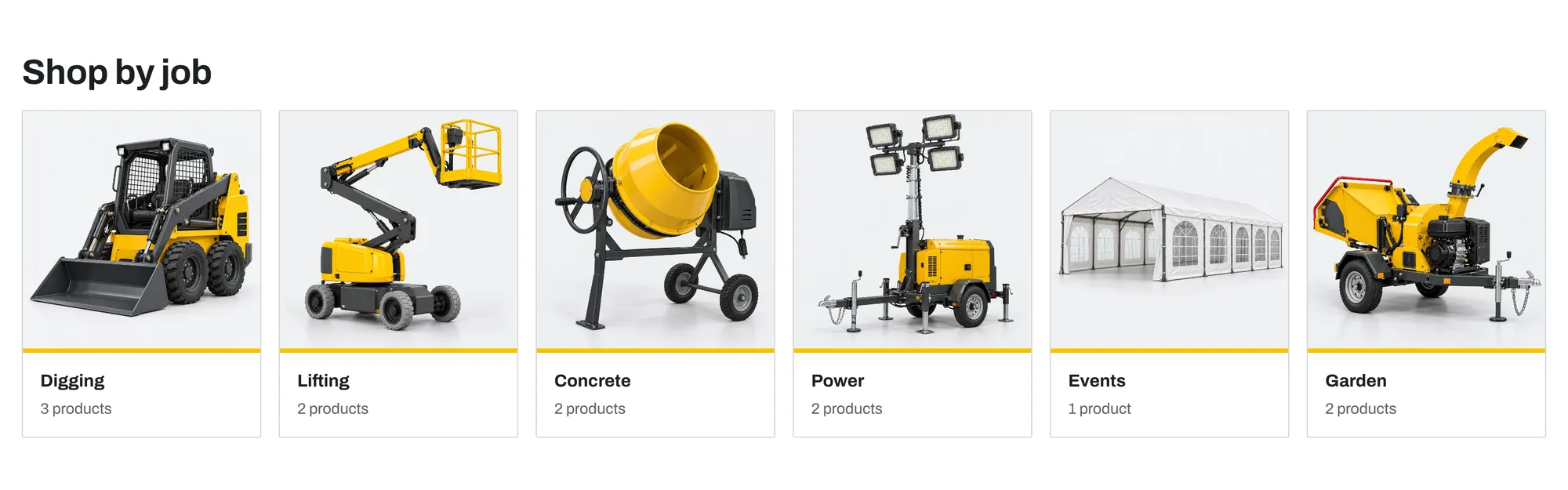 Collection cards that show six equipment categories with product counts