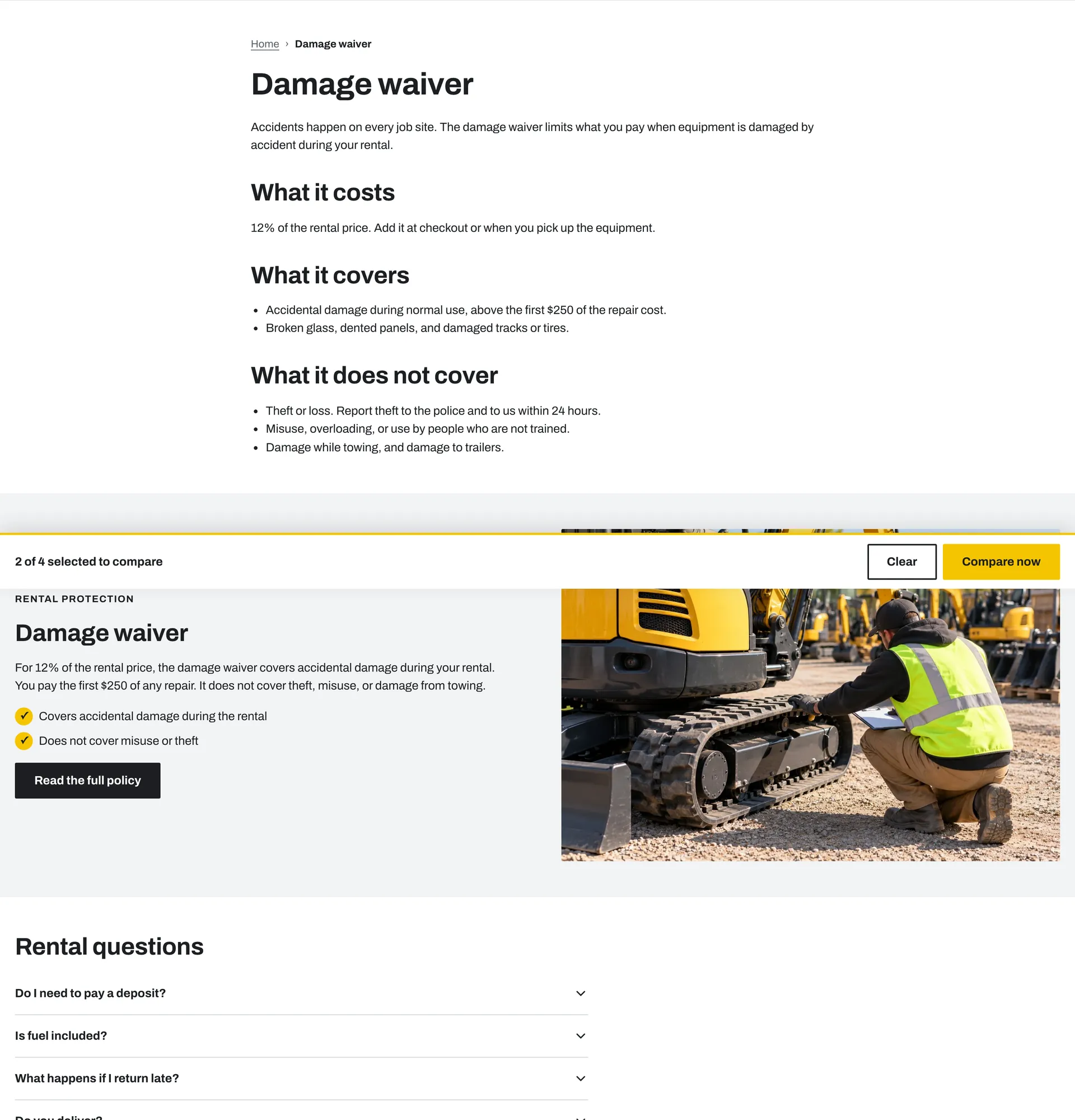 Damage waiver page