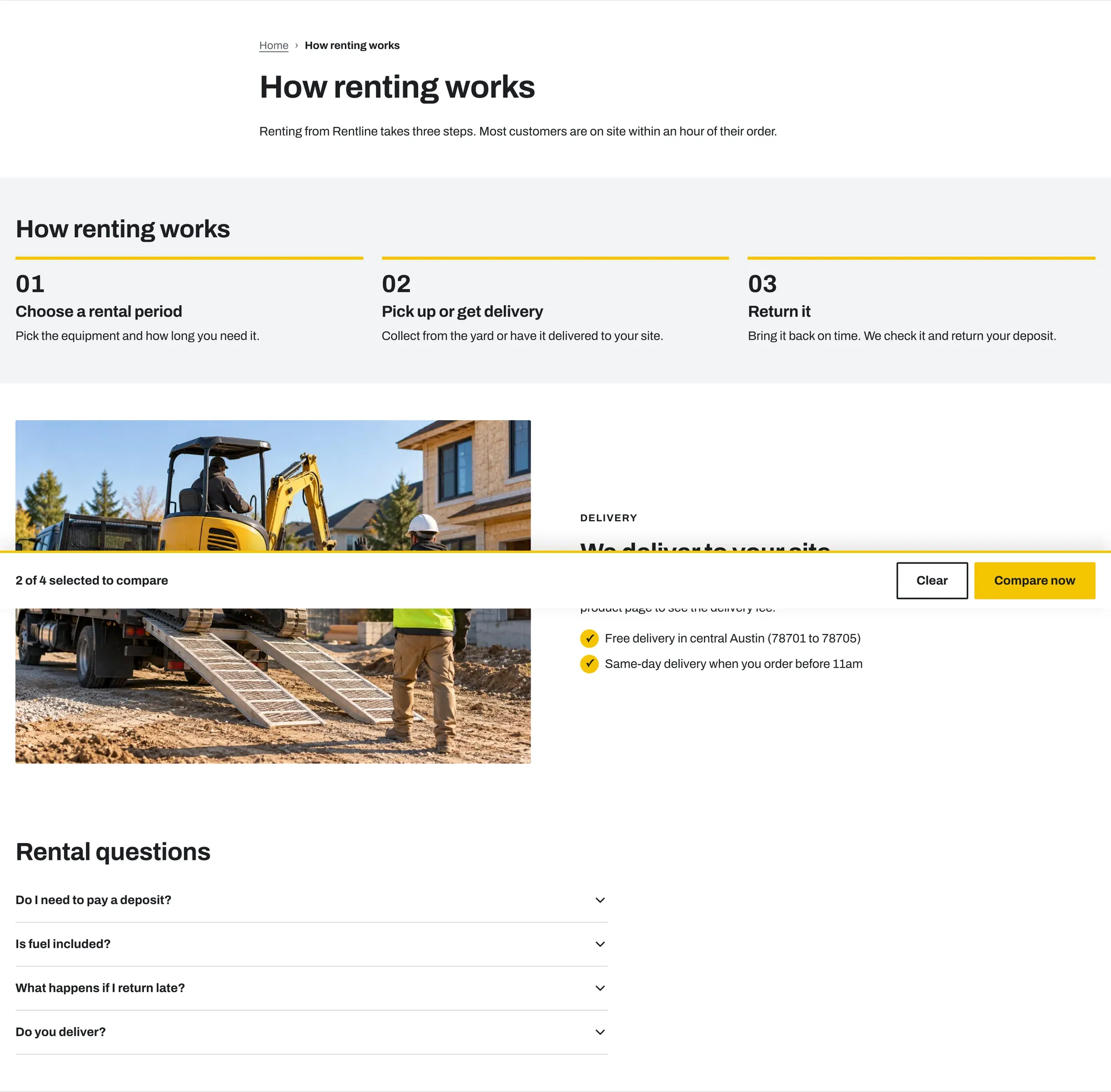 How it works page with steps, delivery and questions