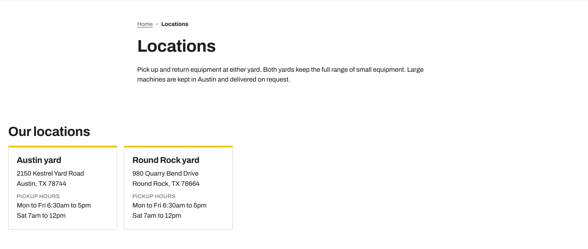 Locations page with two yards