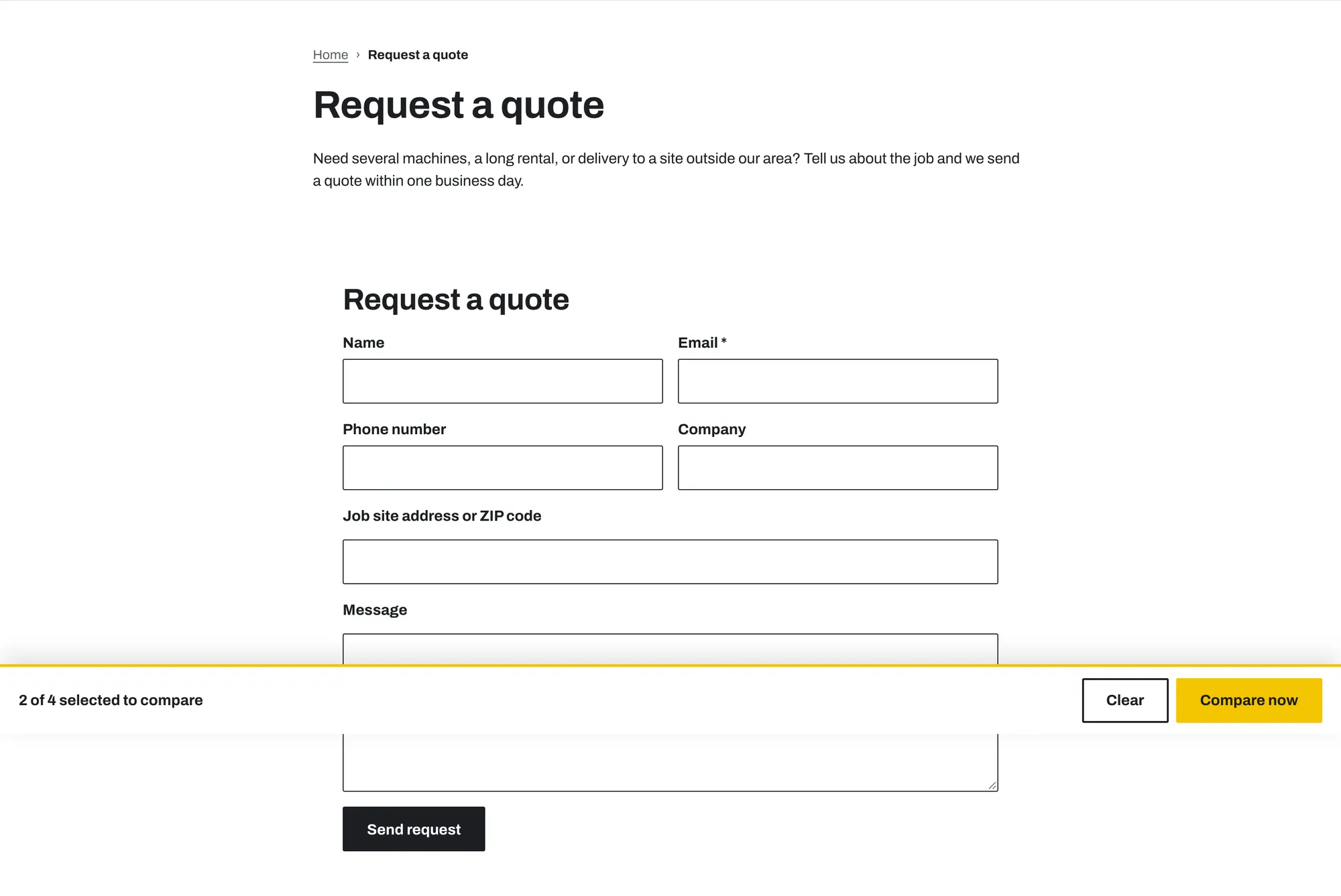 Quote request page with its form