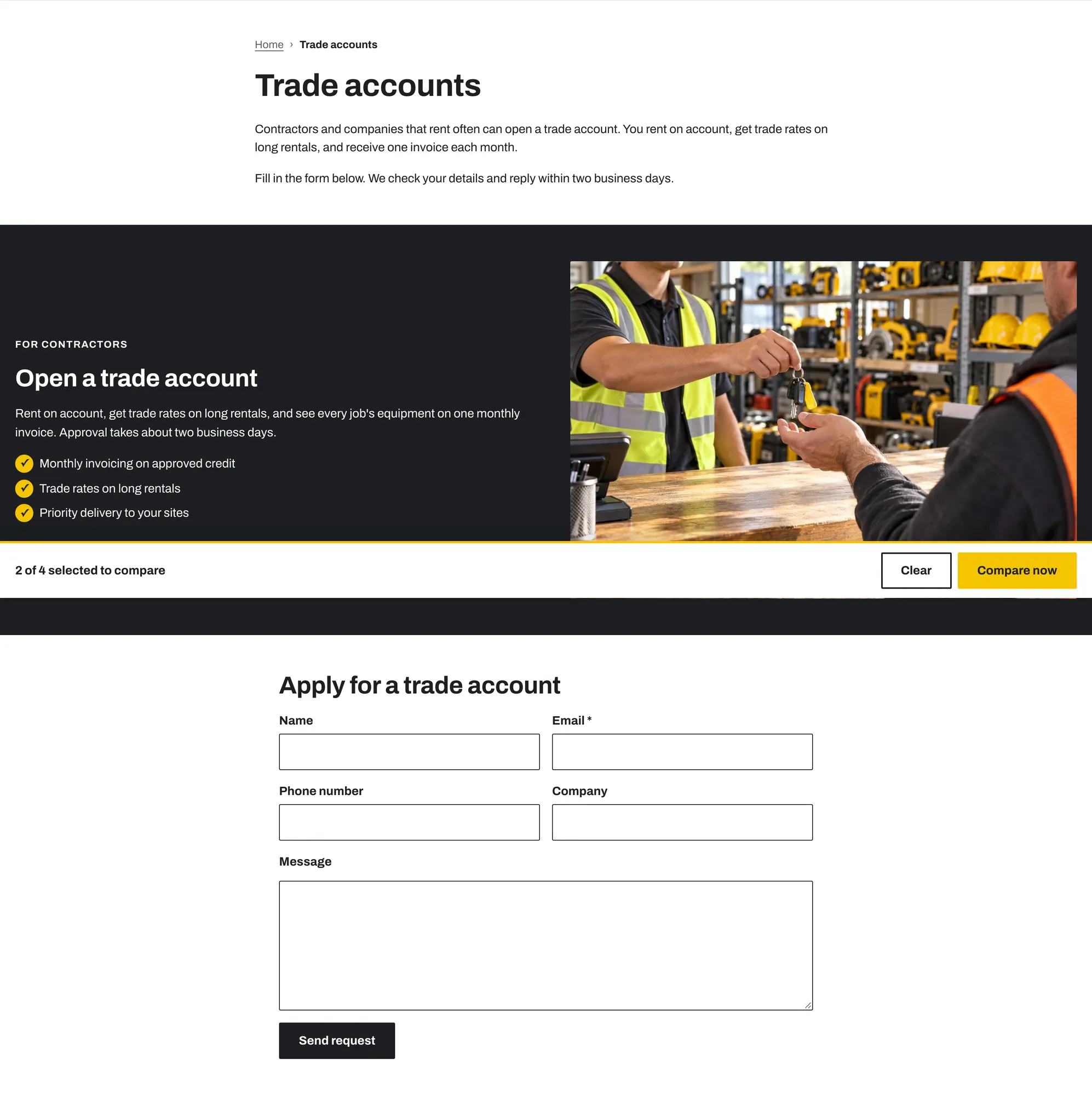 Trade account page with benefits and the application form