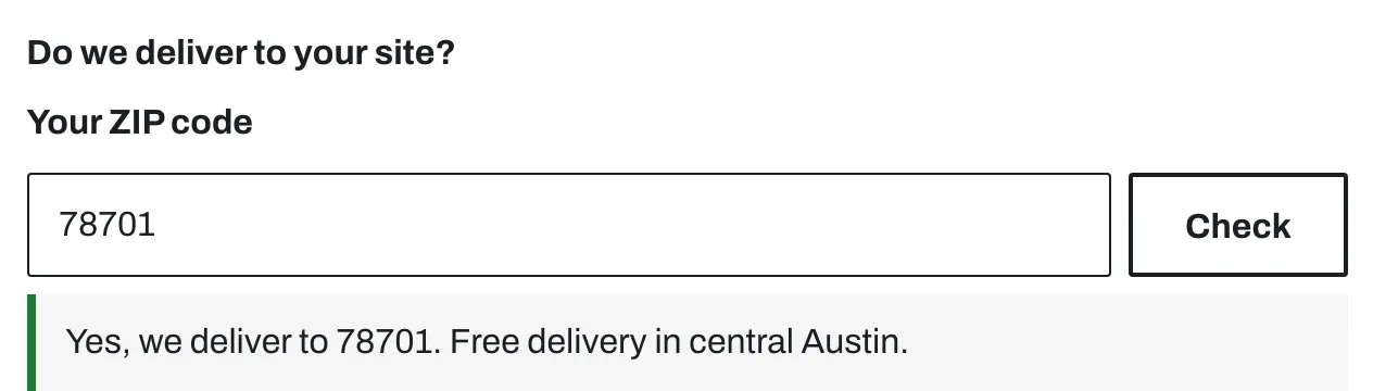 Delivery area check with a positive result