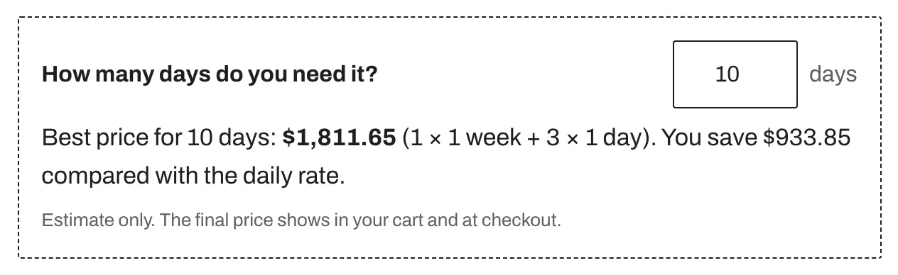 Rental cost estimator that shows the best price for 10 days