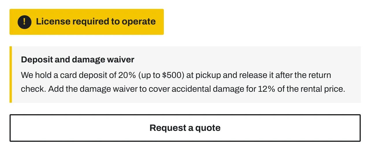 License badge, deposit and waiver note, and quote request button