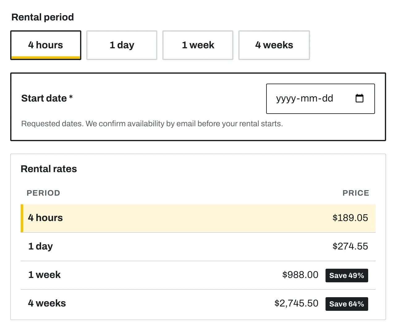 Rental period picker and rate table with savings badges