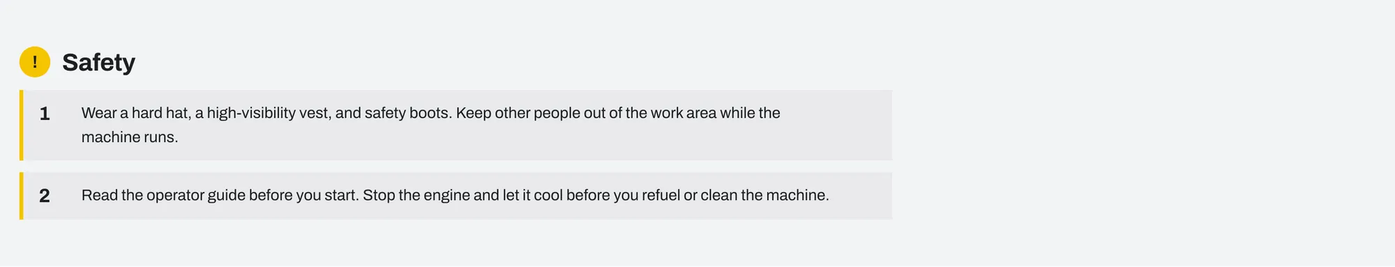 Safety and manuals section with two safety rules