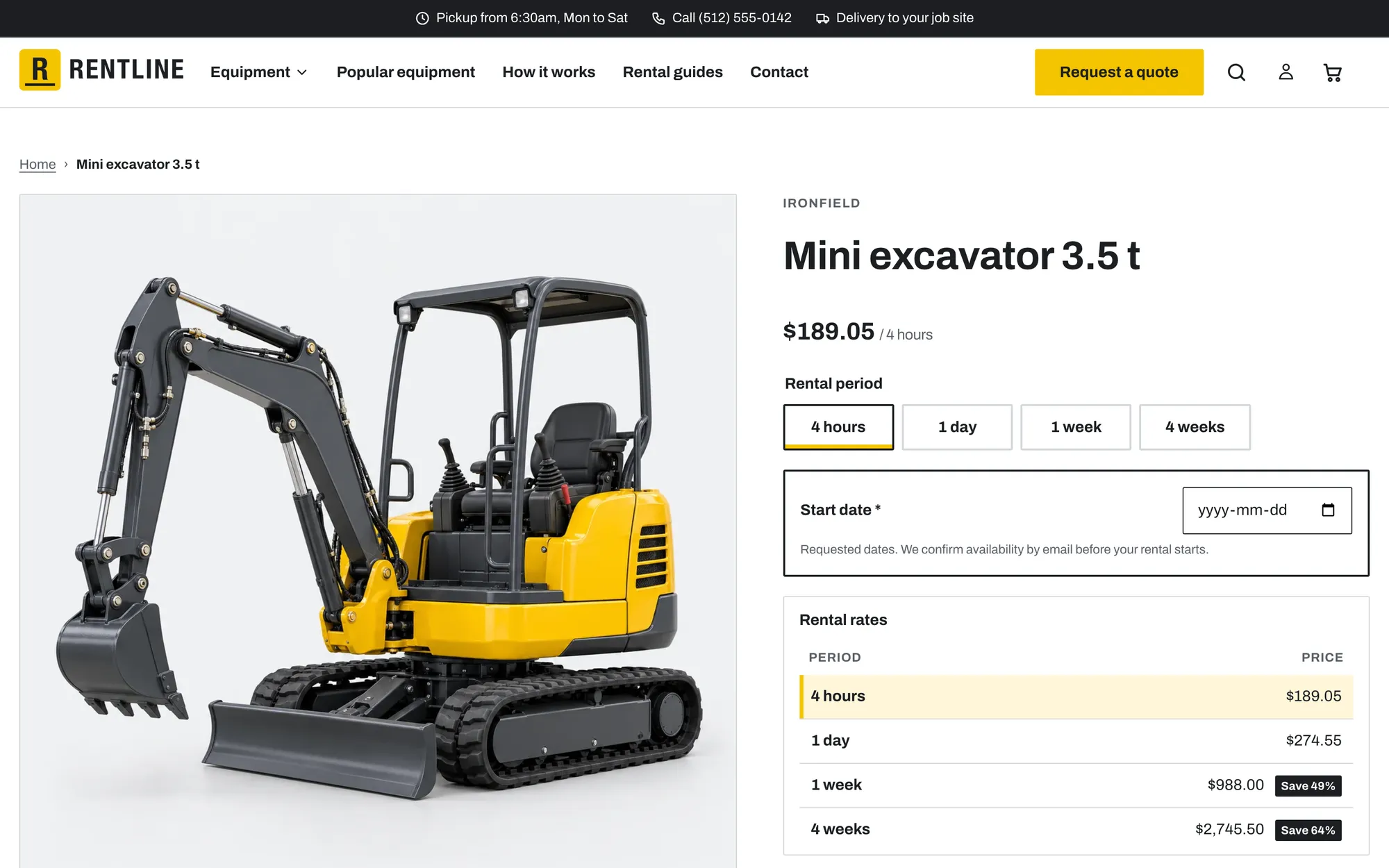 The rental product section: gallery, price per period, period picker and requested dates