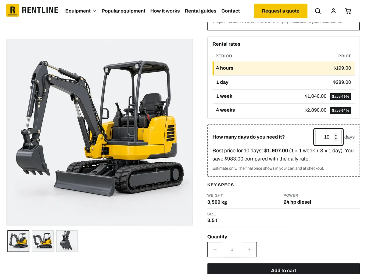 A Rentline product page with a rate table that shows the price and savings for each rental period, and the rental cost estimator