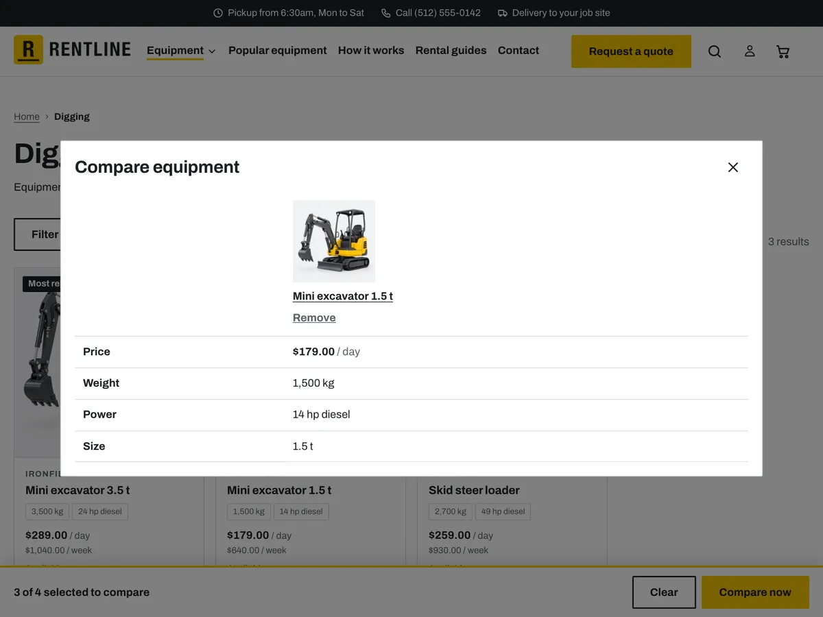 The Rentline compare table with two machines side by side and their specs in rows
