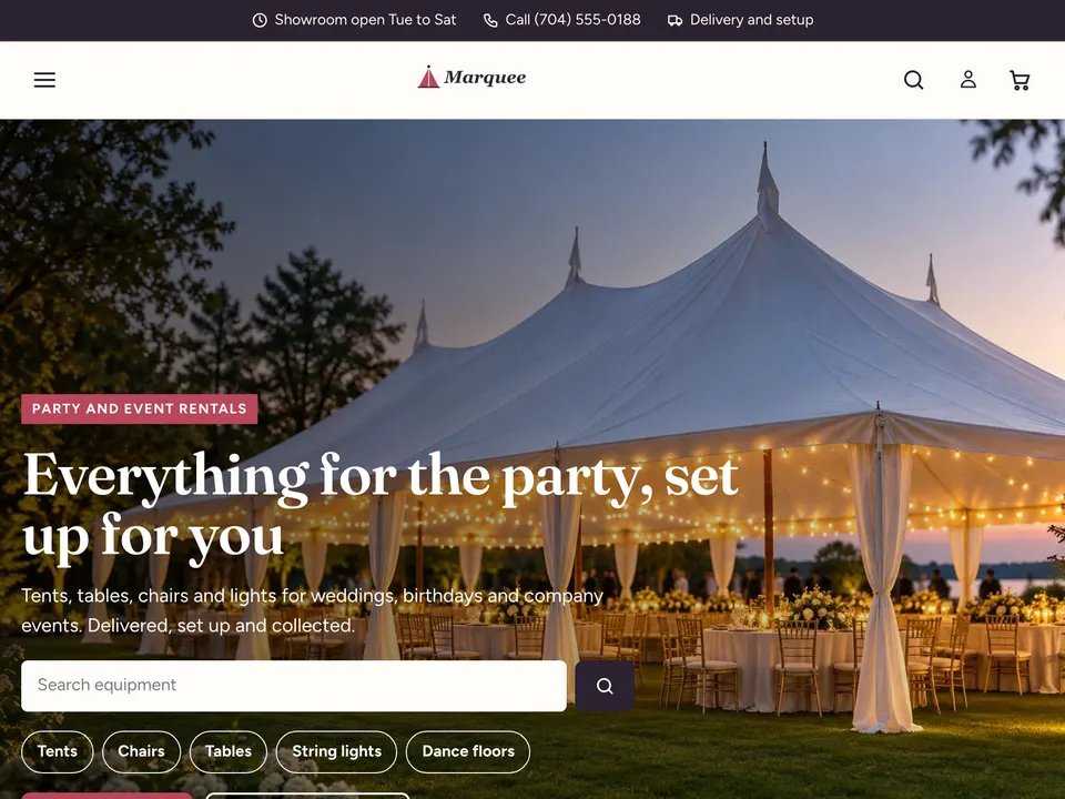 The top of the Marquee home page with a garden party tent hero