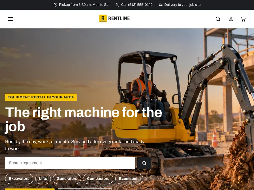 The top of the Rentline home page with an excavator hero